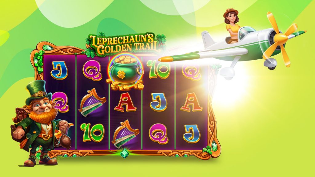 The Leprechaun’s Golden Trail slot game is spinning with its emblematic leprechaun standing on the bottom left, and a woman flies on the top right in a green and white plane.