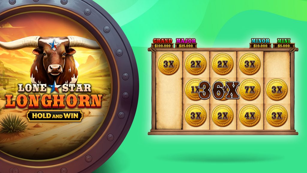 A bull barrels over text that says, “Lonestar Longhorn Hold and Win” within a vault door. To its right, a hold and win game is taking place with a 36x multiplier on display.