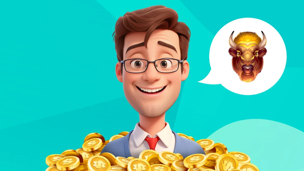 A 3D cartoon male with a red tie and glasses in a pile of coins, with a golden buffalo symbol adjacent.