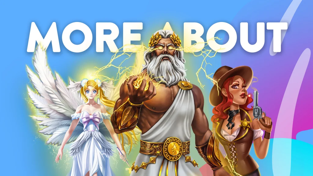 There’s an angel, Zeus, and a cowgirl on a blue and purple background with the text, ‘MORE ABOUT’ just above them in white.