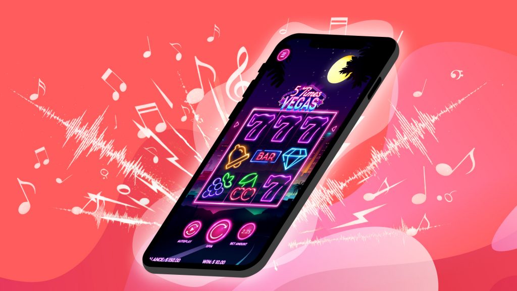 On a pink background, a smartphone plays a slot game, and vibrations with music notes emerge from it.