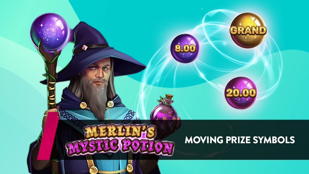 A banner at the bottom right of a teal image reads, “Merlin’s Mystic Potion, Moving Prize Symbols,” and behind it is a wizard with a magic ball and various prize symbols.