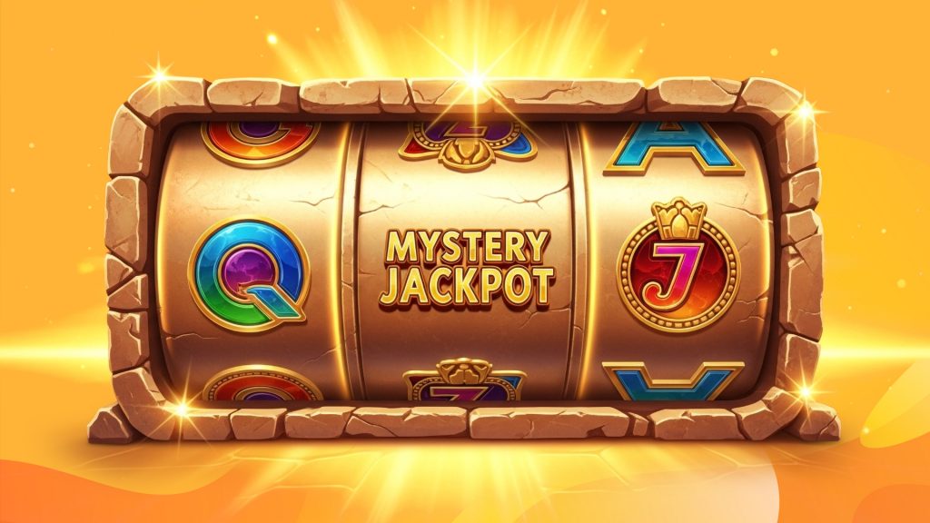 Three copper-colored reels spin within stone on a yellow and gold background. In the center, it says, “Mystery Jackpot.”