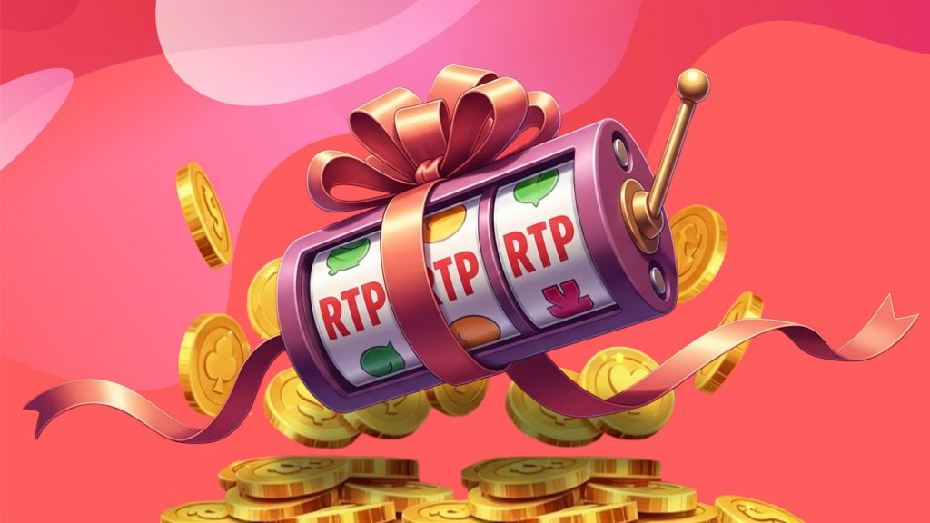 Three reels have three “RTP” symbols lined up, and the reels are wrapped in a pink bow and hover above a pile of gold coins, all displayed on a pink background.