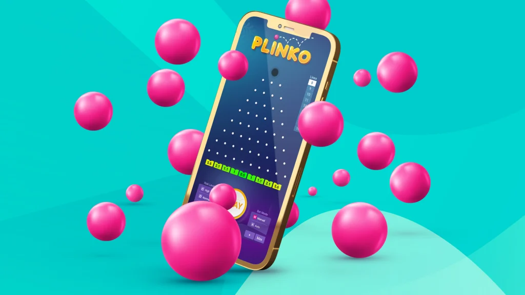Multiple pink balls surround a mobile phone showing the SlotsLV game ‘Wild Plinko’, set against a teal blue background.