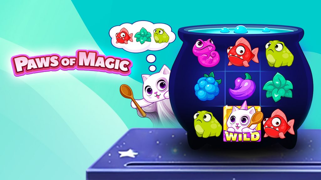 “Paws of Magic” is written in a cloud of pink to the left of a cauldron showing three reels and three rows. A white cat is poised behind the cauldron, holding a wooden spoon on a teal background.