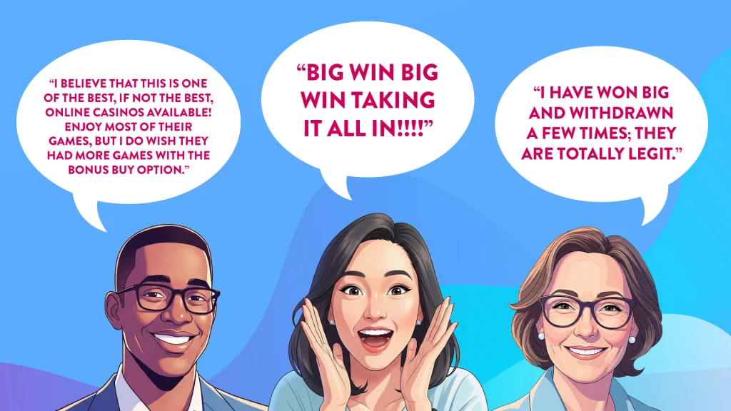 Three customer reviews are displayed over three happy players on a blue background.