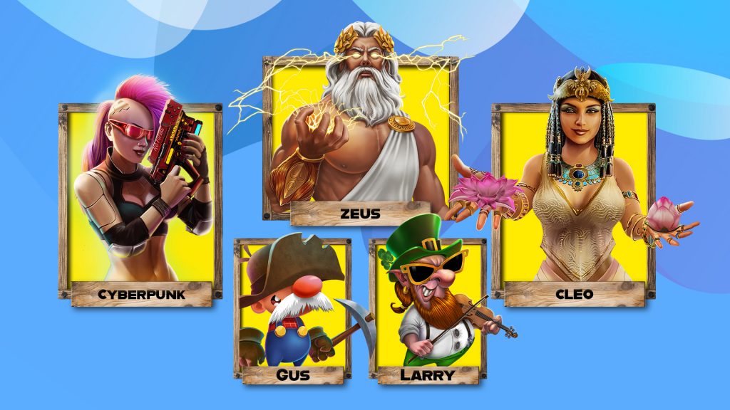 The characters Cyberpunk, Zeus, Cleo, Gus, and Larry are shown in classic yearbook photo boxes, displayed on a blue and purple background.