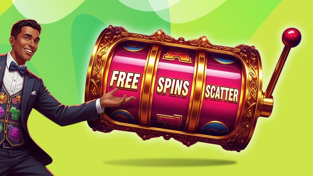 On a bright green background, a gentleman in a suit points to a three-reel slot machine showing the words free, spins, and scatter on its red reels.