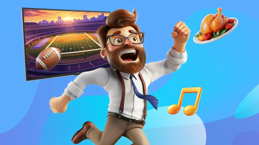 A man with a beard runs through a purple and blue image. Behind him is a TV showing the football game and in front of him is a musical note and a plate with a turkey on it.