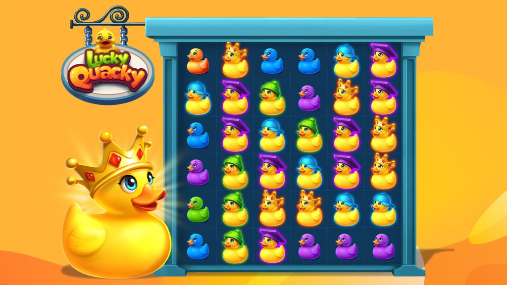 The lucky quack slot game is displayed in the center of the screen, with the golden duck on the bottom left.