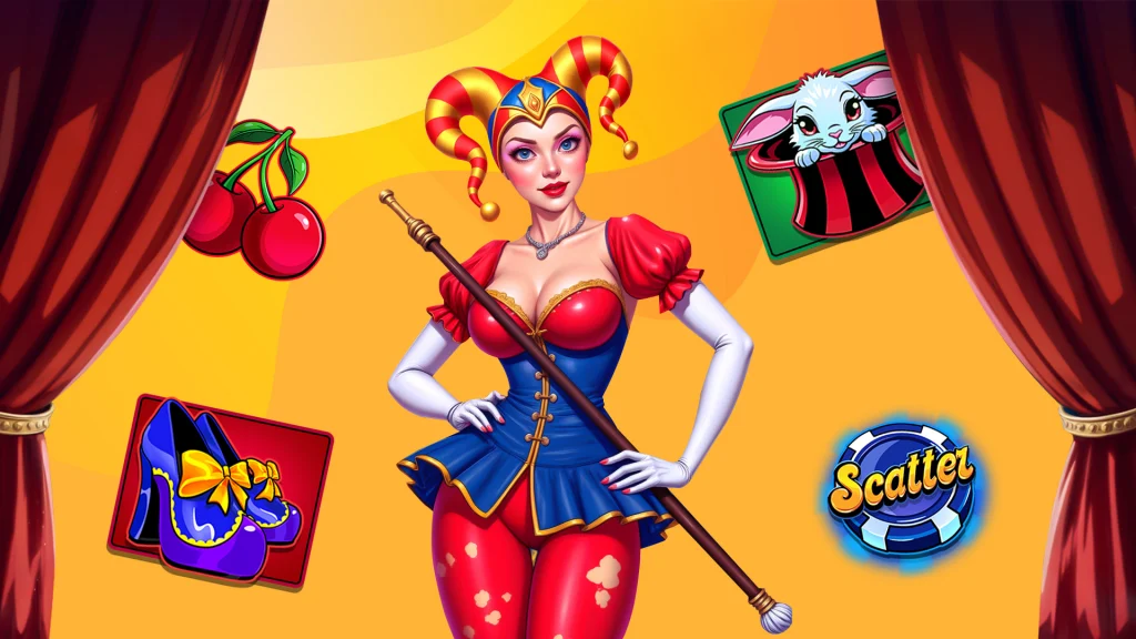 Red theatre curtains on either side of the image with a yellow backround and a female jker in the middle surrounded by slot symbols