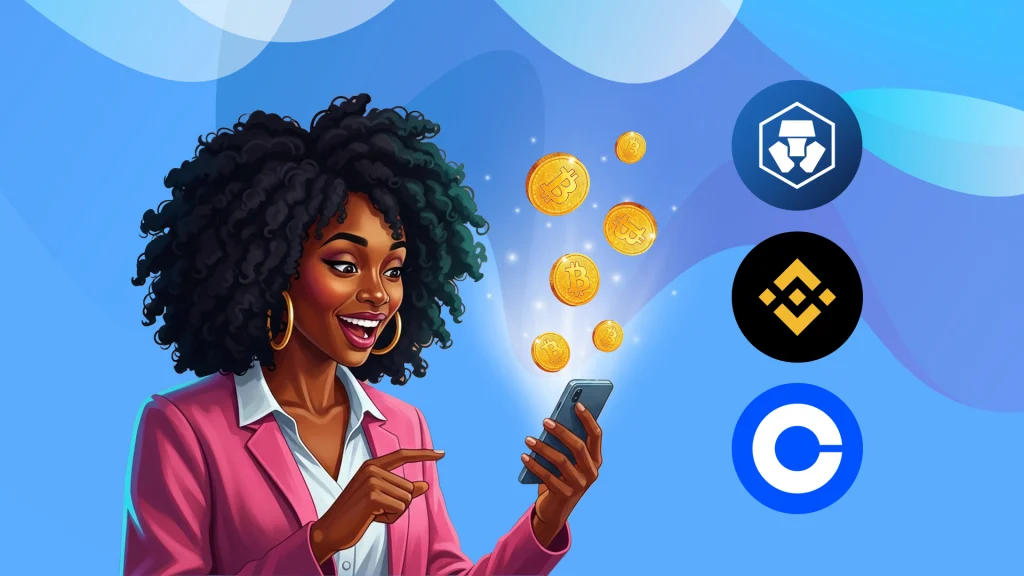A woman in a pink blazer smiles and points at her phone, which has Bitcoins emerging in a ray of light and sparkles. To the right are three exchange logos.