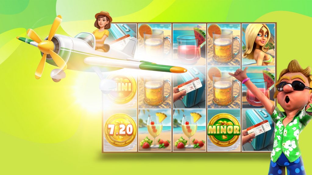 A man in sunglasses and a Hawaiian shirt lifts his arms in celebration to the bottom right of a slot game, and on the top left of a green image, a woman flies by on a plane.