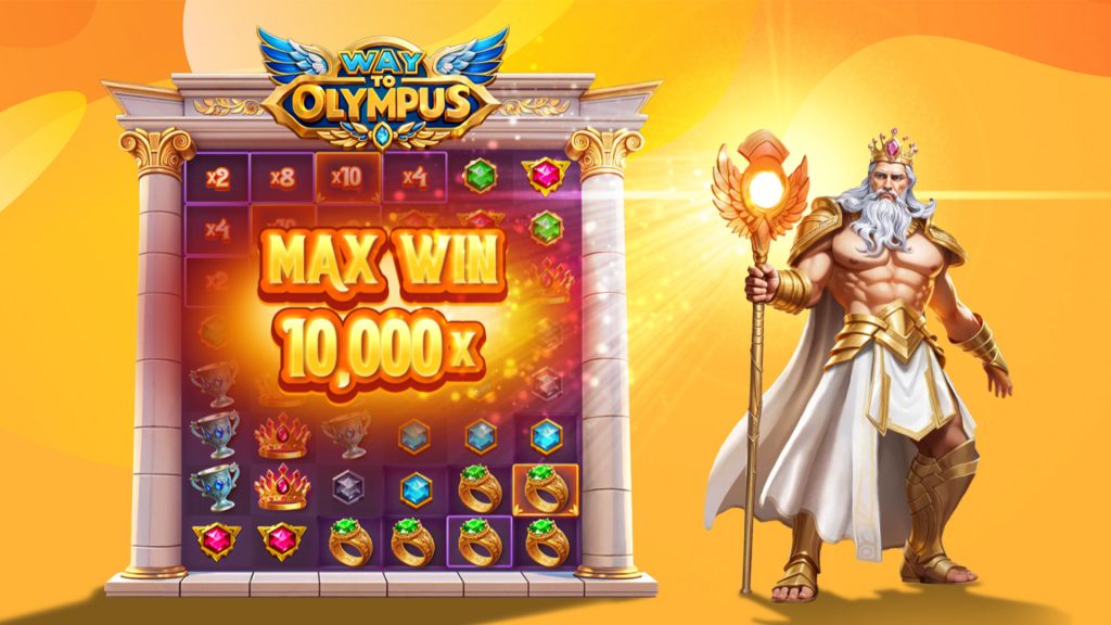 Zeus appears at the right side of a graphich displaying the grid of the slot Way to Olympus, with a max win 10,000x message.