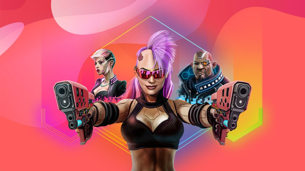 A pink-mohawked cyborg points two laser guns toward the front of a pink picture. Behind her are two more tough cyborgs staring menacingly.