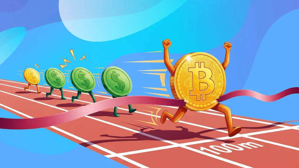 There’s a race on a track, with the Bitcoin coin crossing the finish line at 100 meters, and three green and one gold dollar sign coins finishing in last.