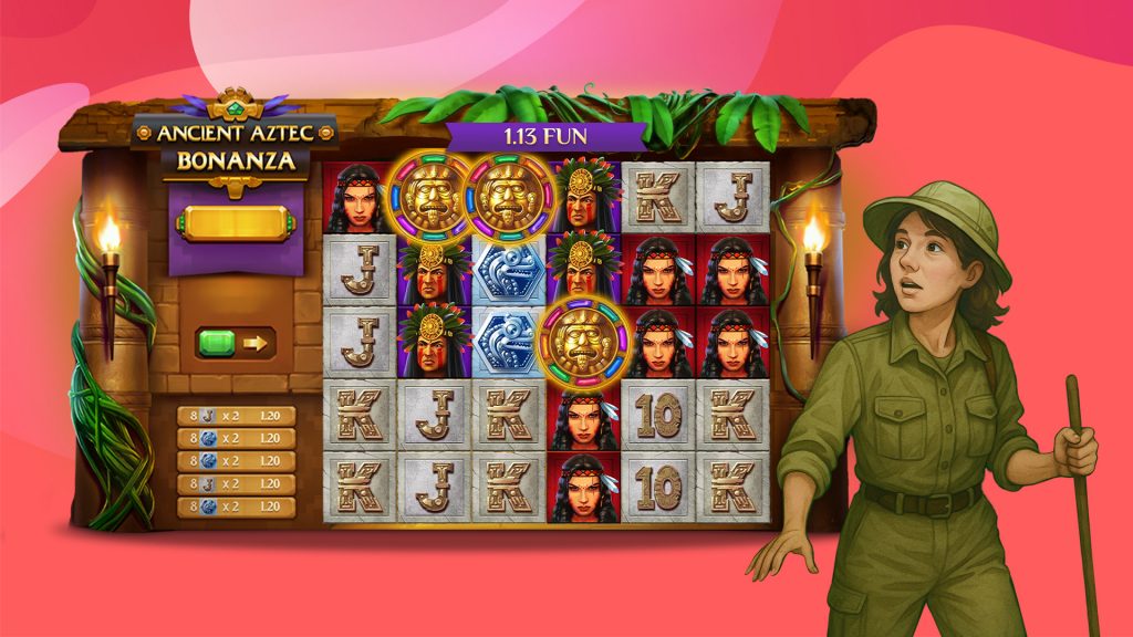 The Ancient Aztec Bonanza slot game is in action on a pink background. To the right, a woman dressed in safari gear looks off into the distance.