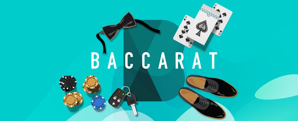 Baccarat written in the center, the B symbol in the background along with baccarat cards, casino chips, car keys and dress shoes.