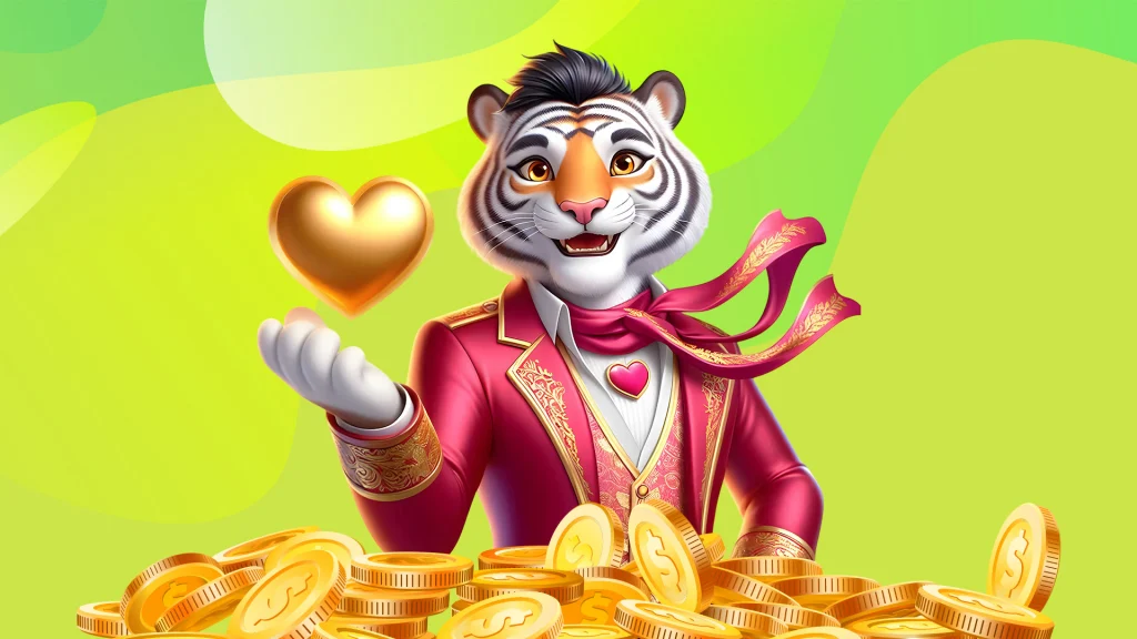 There’s a tiger in a red suit against a bright green background, holding up a gold heart in its right hand, and below it is a pile of gold coins.