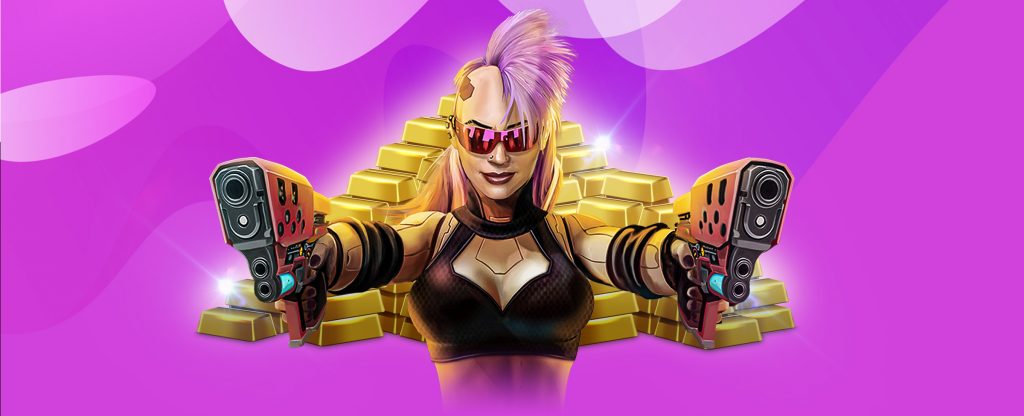 A futuristic cyberpunk warrior with pink mohawk, high-tech sunglasses, and dual-wielding sci-fi guns, standing in front of a pile of gold bars, set against a vibrant purple background.