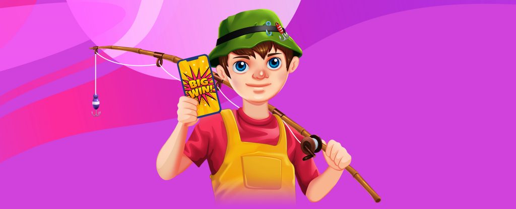 A cheerful cartoon character dressed as a fisherman holds a smartphone displaying the "Big Win" logo. He is also holding a fishing rod, with the background in a vibrant pink and purple gradient.