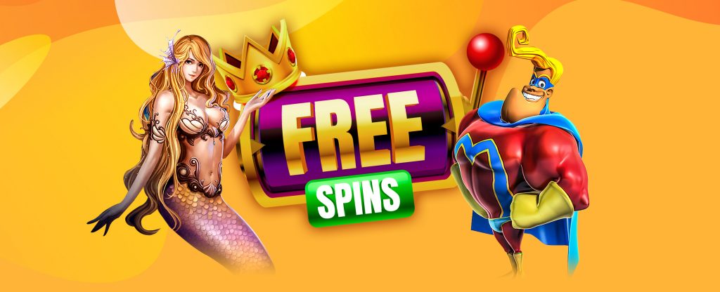 Mermaid holding a crown and the SlotsLV character, Multiplier Man, holding a slot reel with the text Free Spins.