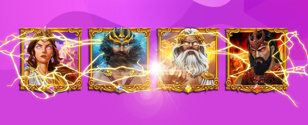 Four mythological slot game characters on a purple background with electric effects: a goddess, a sea god, a lightning god, and a dark-bearded god, all framed in gold.