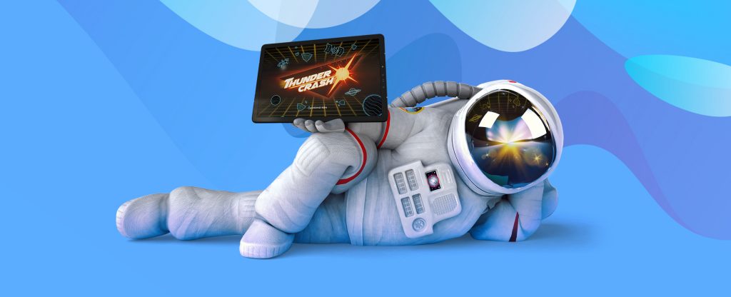 An astronaut reclining on a vibrant blue background, holding a tablet displaying the Thunder Crash game logo, symbolizing an out-of-this-world online gaming experience.