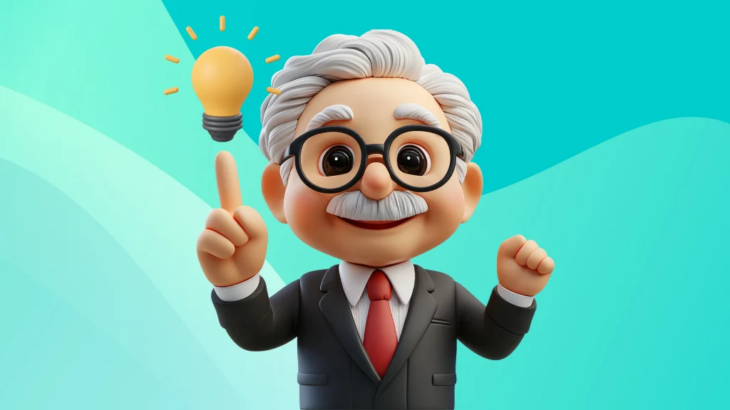 In a light blue image, a man with white hair and a white mustache holds up his right finger toward a yellow lightbulb.
