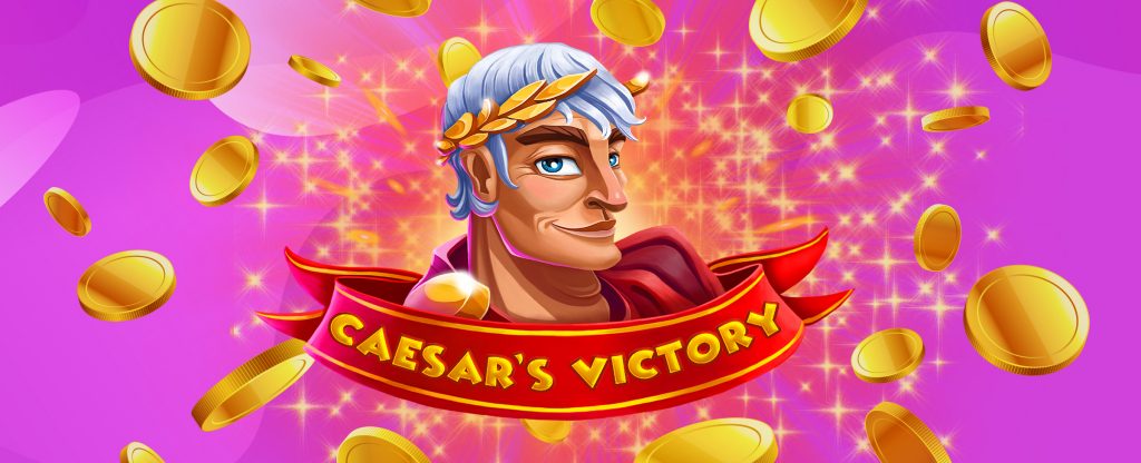 Illustration of Caesar's Victory slot game with a cartoon-style Caesar character in a laurel crown, surrounded by sparkling gold coins on a pink background. The game's title is displayed on a red banner below the character.