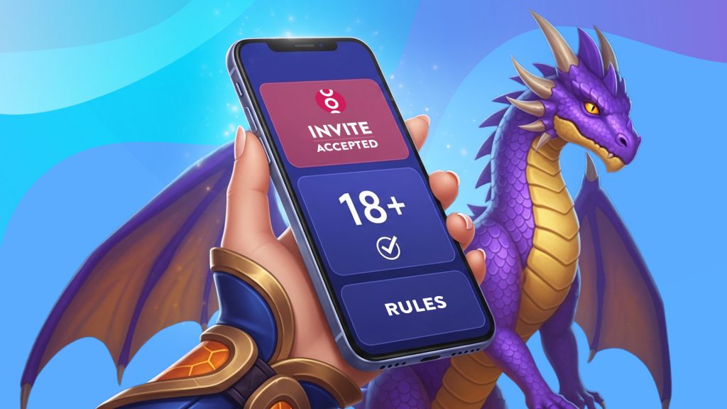 A hand with armor holds a phone with an invite link, 18+, and rules buttons. Behind it is a purple dragon with yellow scales, and all are on a blue and purple background.