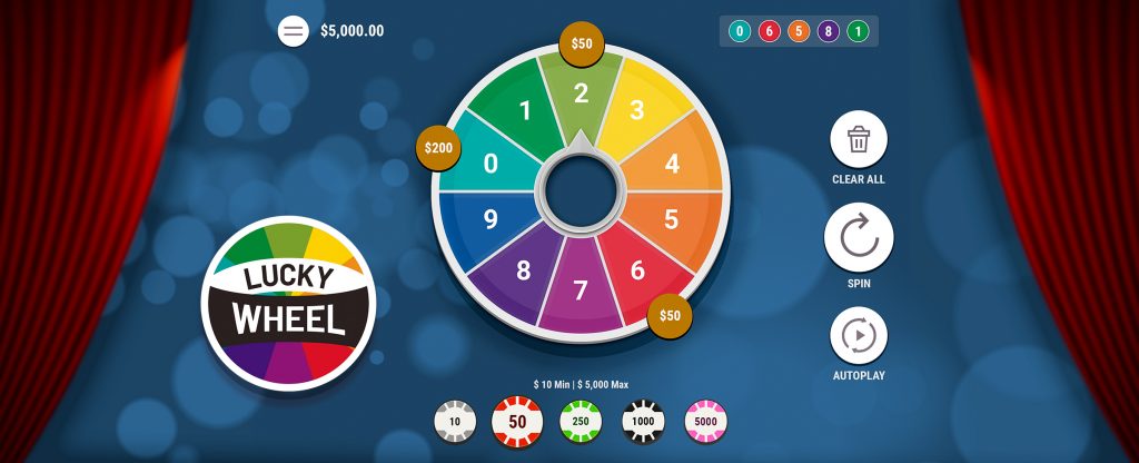 Colorful Lucky Wheel game interface with numbered segments, betting chips at the bottom, and options for spin, autoplay, and clear bets on a vibrant blue background.