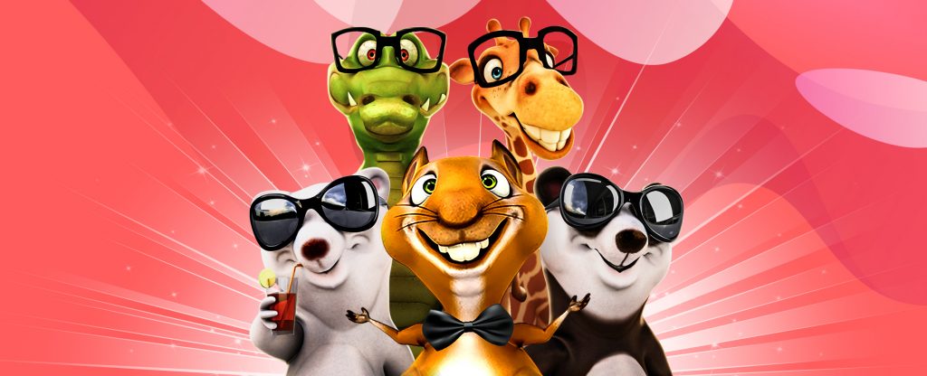 Characters from animal slots together enjoying playing games.