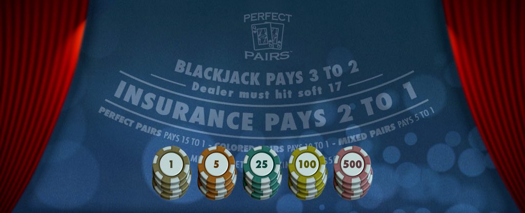 Perfect Pairs Blackjack table layout showing payout rules for Blackjack, Insurance, and Perfect Pairs, with betting chips displayed below on a dark blue background.