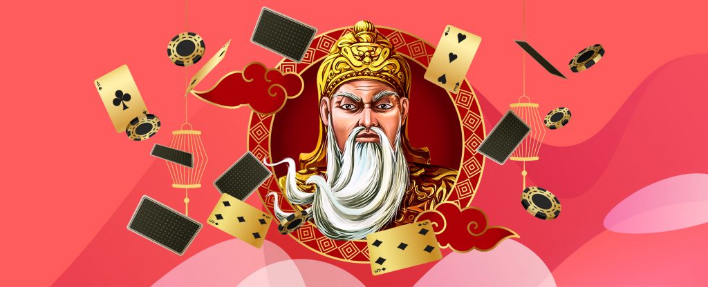 An Asian-looking man with a large beard appears in the center, with poker cards and chips around him.