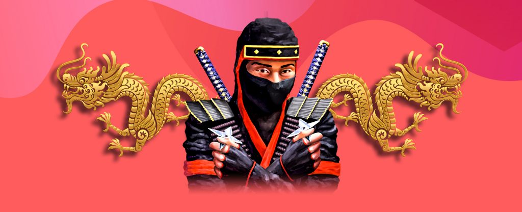 A black ninja with spurs in his hands stands next to a large Chinese dragon.