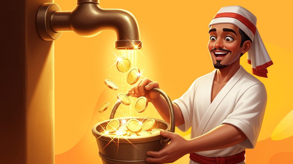Gold coins pour out of a faucet into a basket held by a man in white robes and a white headscarf. All is displayed on a gold background.