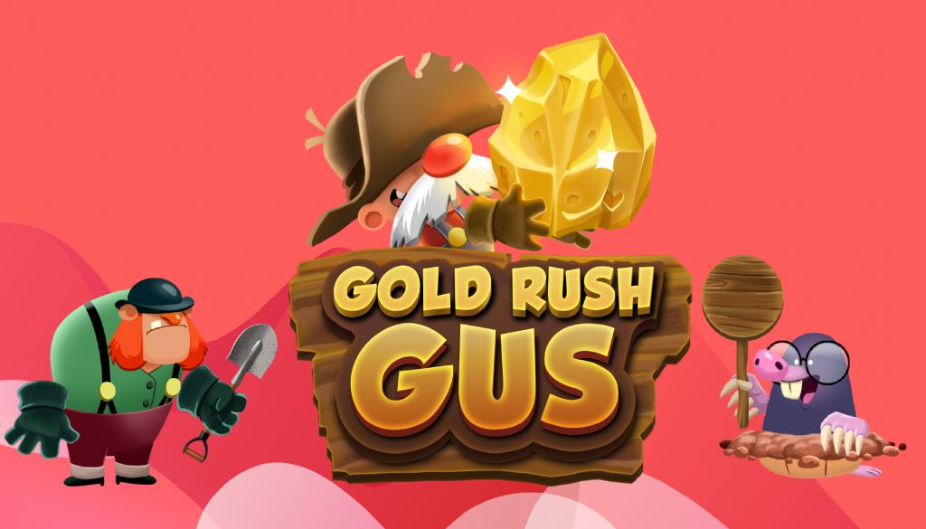 Image shows characters from the game Gold Rush Gus, with Gus in the center.