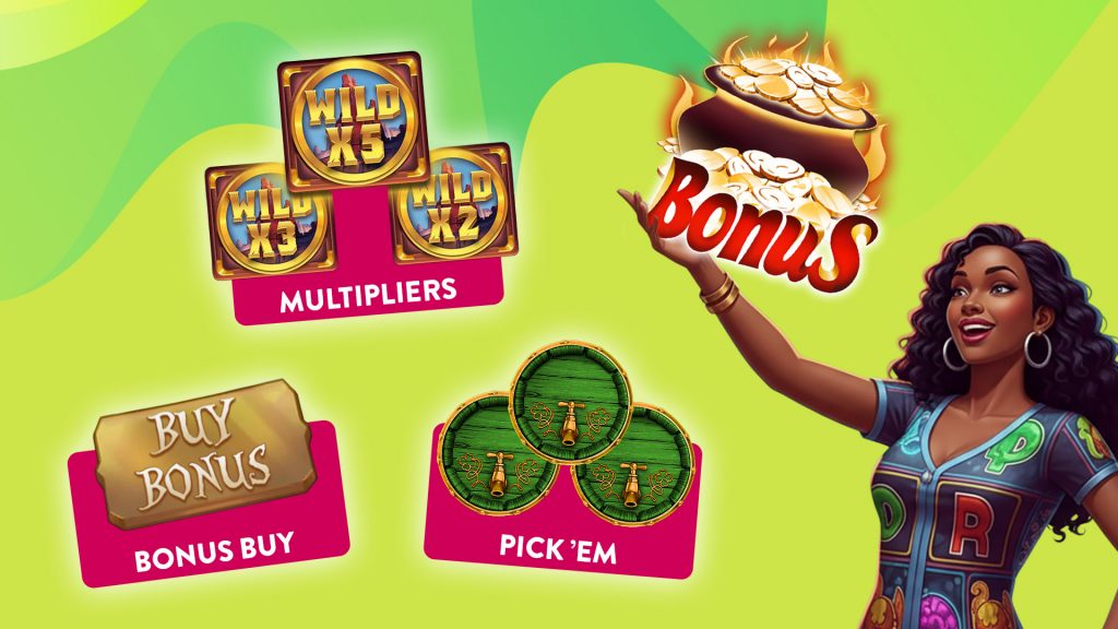 Four slot features including a buy bonus, pick ‘em, multipliers, and a bonus round are shown on the left of a bright green background. On the right, a lady gestures toward the bonus round image.