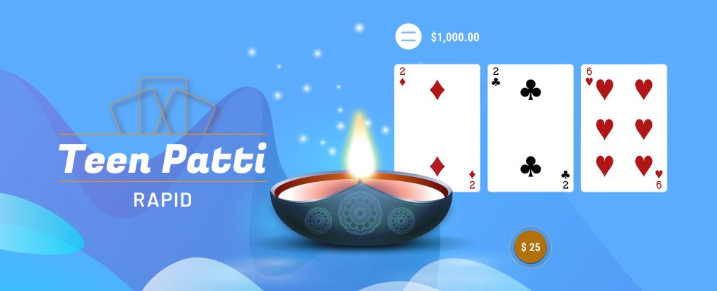 Teen Patti Rapid game interface with a glowing oil lamp and three-card hand.