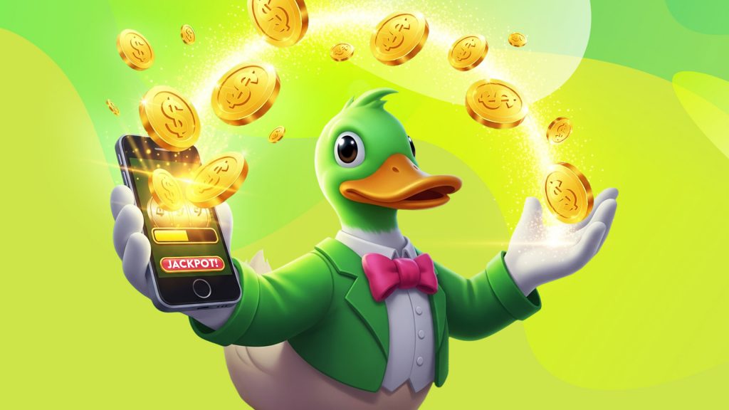 On a lime green background, a duck in a green tuxedo holds a phone in its right hand and opens its arms, revealing a trail of gold coins between them.