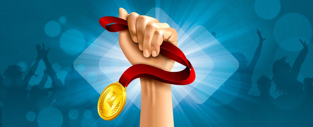 A triumphant hand holding a gold medal with a red ribbon, set against a glowing blue background with cheering silhouettes in the distance, symbolizing victory and achievement.